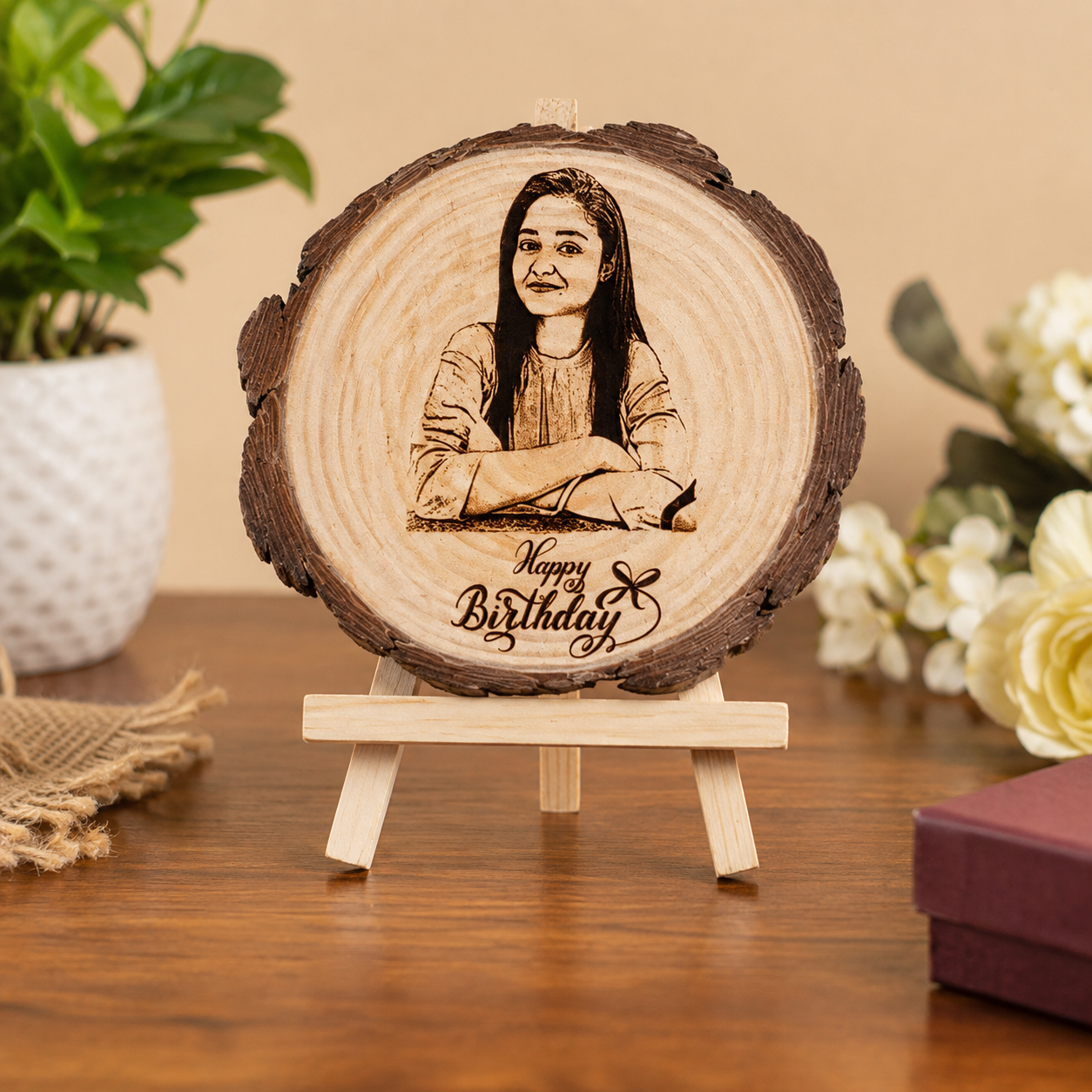Personalized Wooden Photo Engraved Plaque with Stand | Custom Birthday Gift | Natural Wood Slice Laser Engraving