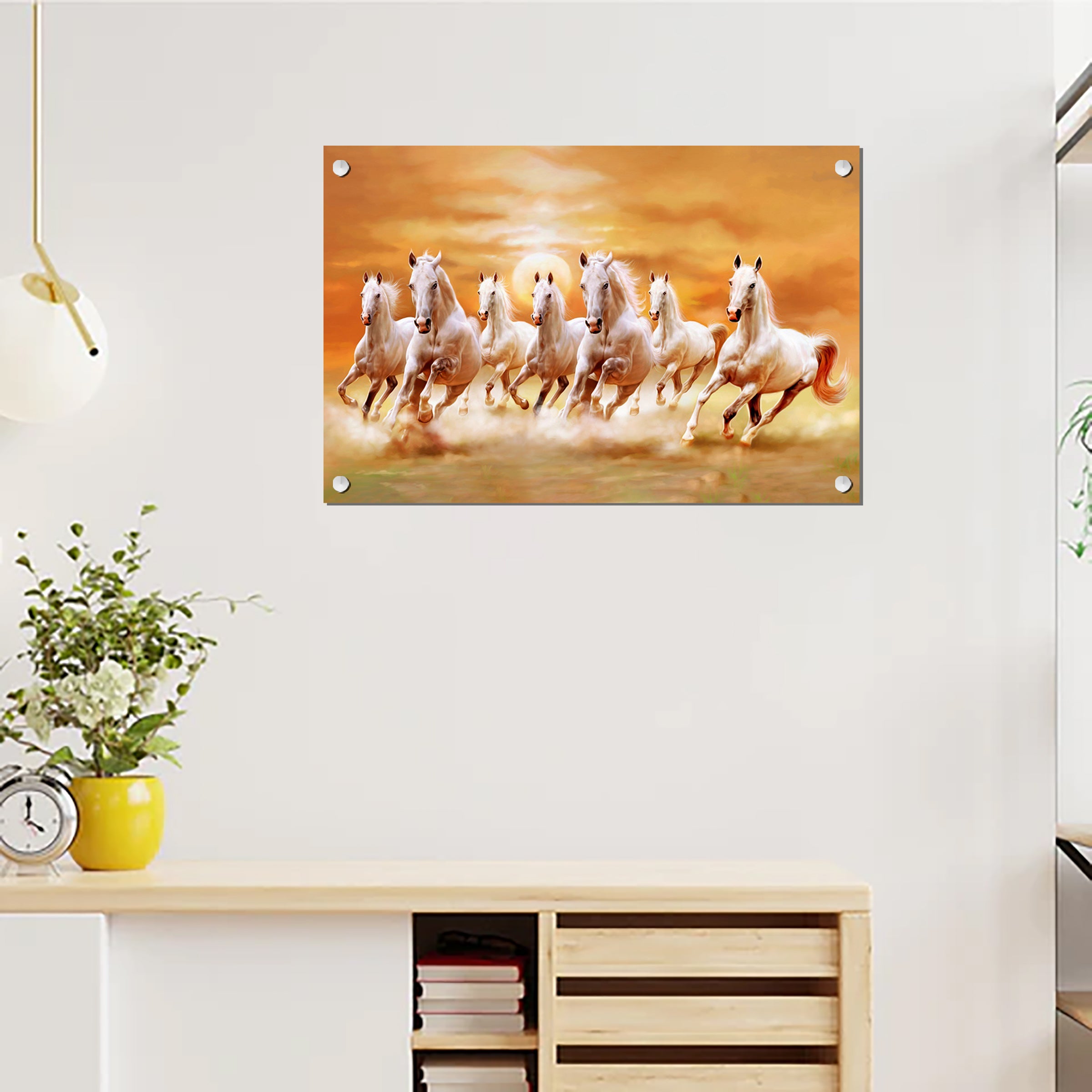 Running White Horses Acrylic Wall Painting | Vastu 7 Running Horses Wall Art | Premium UV Printed Glossy Acrylic Wall Decor for Living Room, Office & Home | Modern Feng Shui Artwork
