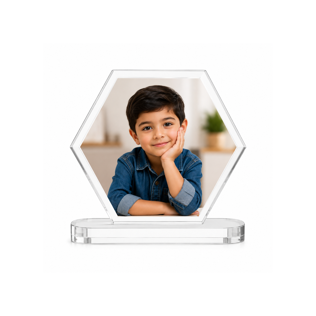 Premium Personalized Hexagon Acrylic Car Dashboard Photo Frame | Custom UV Printed Photo | Crystal Clear 3mm Acrylic with 5mm Premium Base | Personalized Gift for Family, Couples & Kids