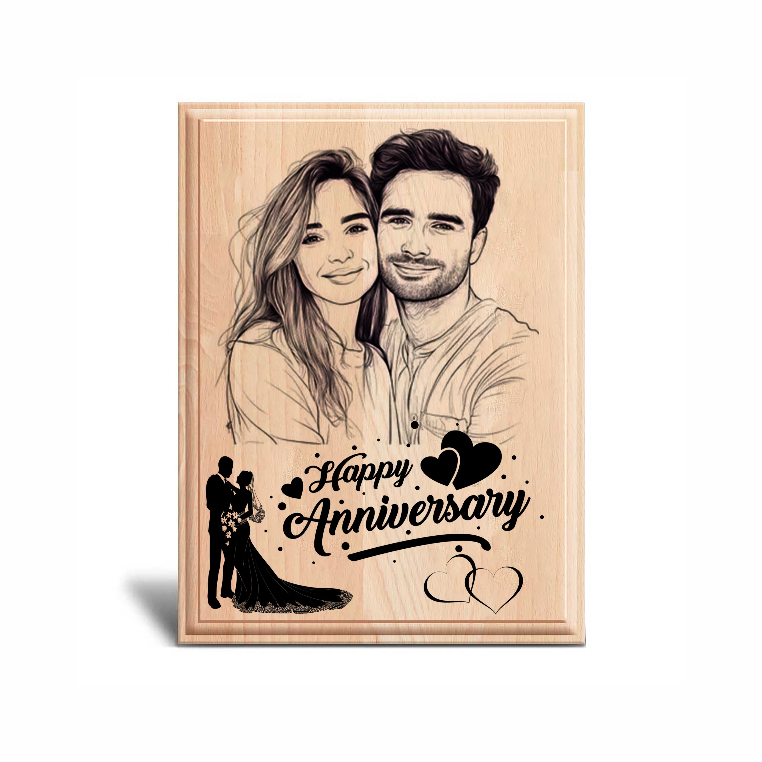 Personalized Wooden Photo Frame with Custom Sketch Engraving | Happy Anniversary Wooden Plaque | Customized Couple Photo Gift for Husband, Wife, Boyfriend & Girlfriend