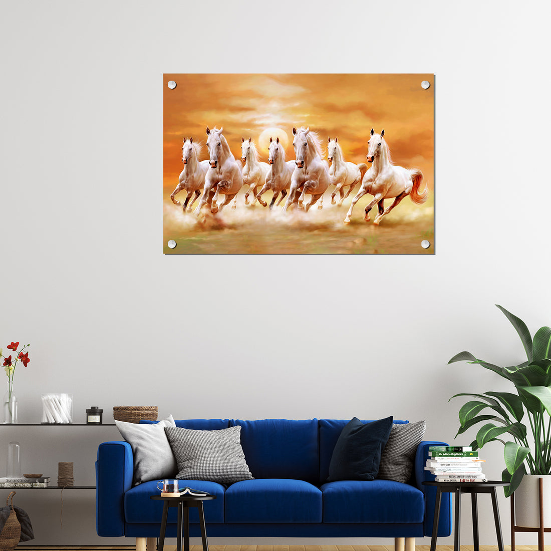 Running White Horses Acrylic Wall Painting | Vastu 7 Running Horses Wall Art | Premium UV Printed Glossy Acrylic Wall Decor for Living Room, Office & Home | Modern Feng Shui Artwork