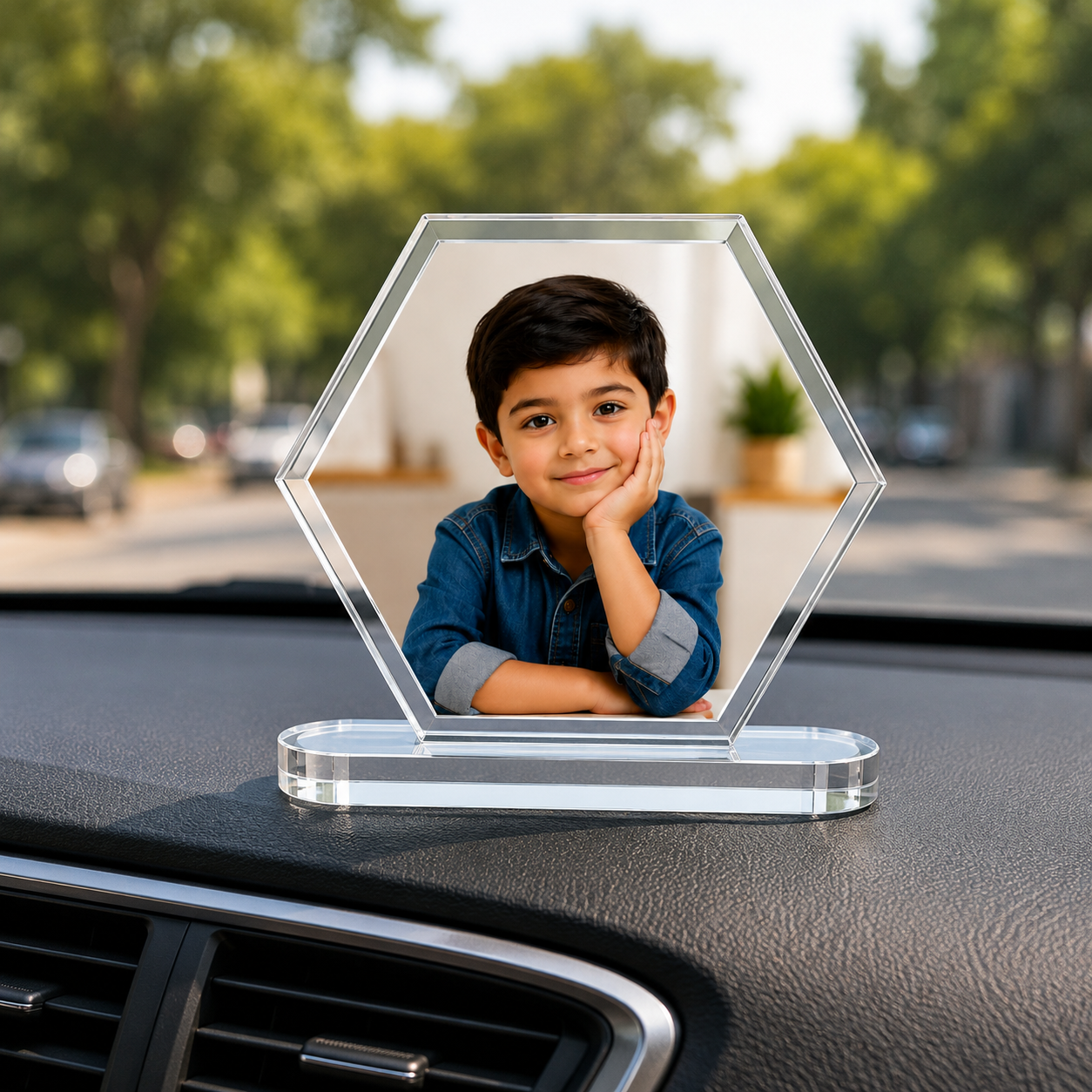 Premium Personalized Hexagon Acrylic Car Dashboard Photo Frame | Custom UV Printed Photo | Crystal Clear 3mm Acrylic with 5mm Premium Base | Personalized Gift for Family, Couples & Kids