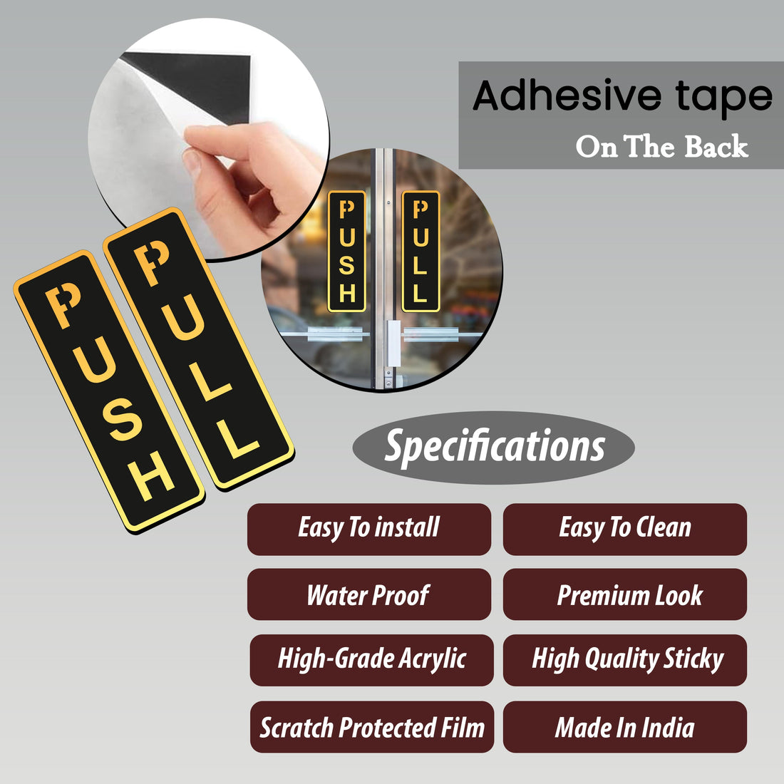 Push Pull Door Sign – Gold & Black Acrylic Sticker for Glass Doors (6.5 Inches) | Self-Adhesive Push Pull Signage for Home, Office, Storefront, Restaurants & Shops | Premium Door Label