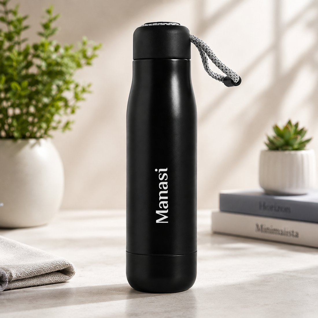 Personalized Stainless Steel Water Bottle with Custom Name Engraving | Vacuum Insulated Leakproof Flask | Reusable Hot & Cold Bottle | Black