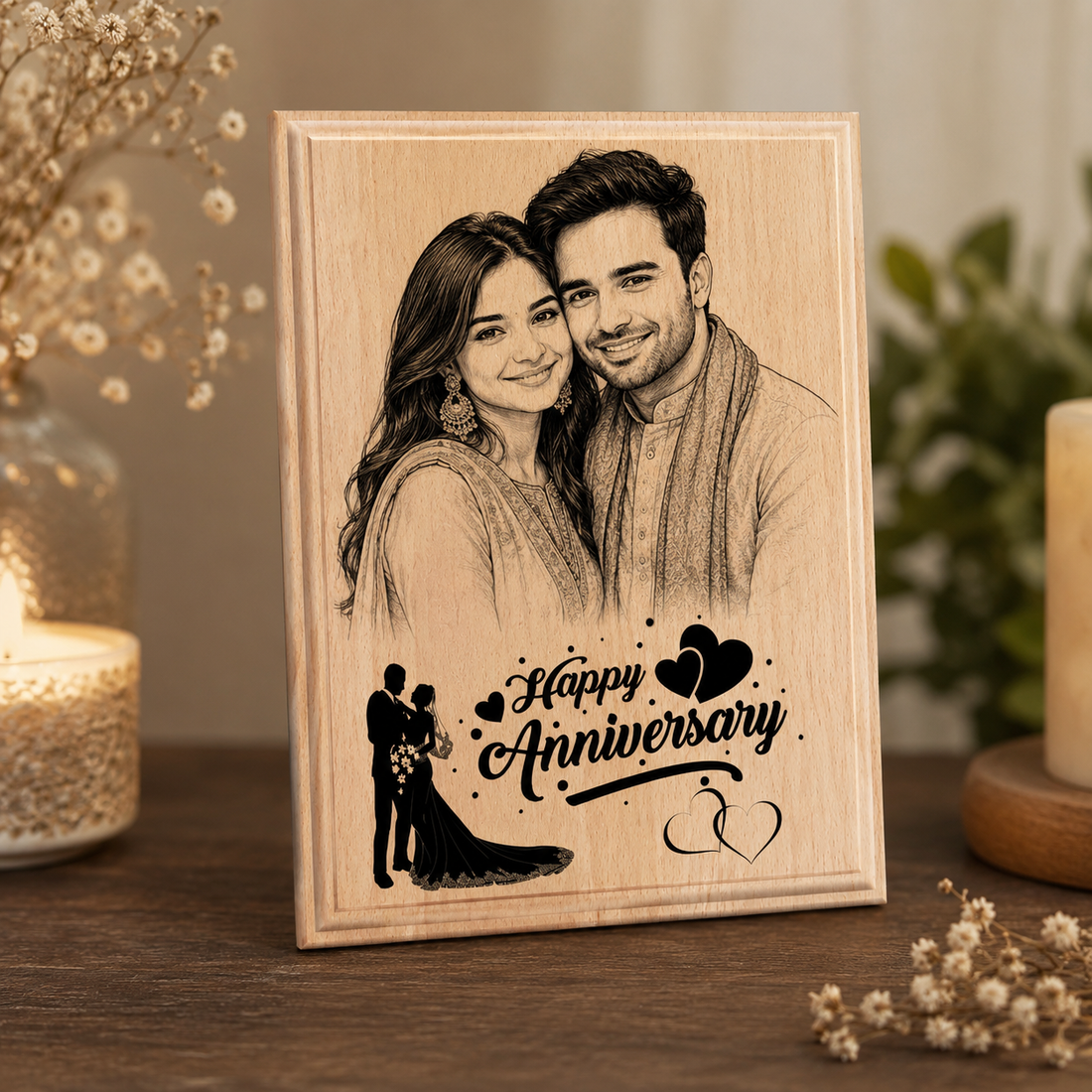 Personalized Wooden Photo Frame with Custom Sketch Engraving | Happy Anniversary Wooden Plaque | Customized Couple Photo Gift for Husband, Wife, Boyfriend & Girlfriend