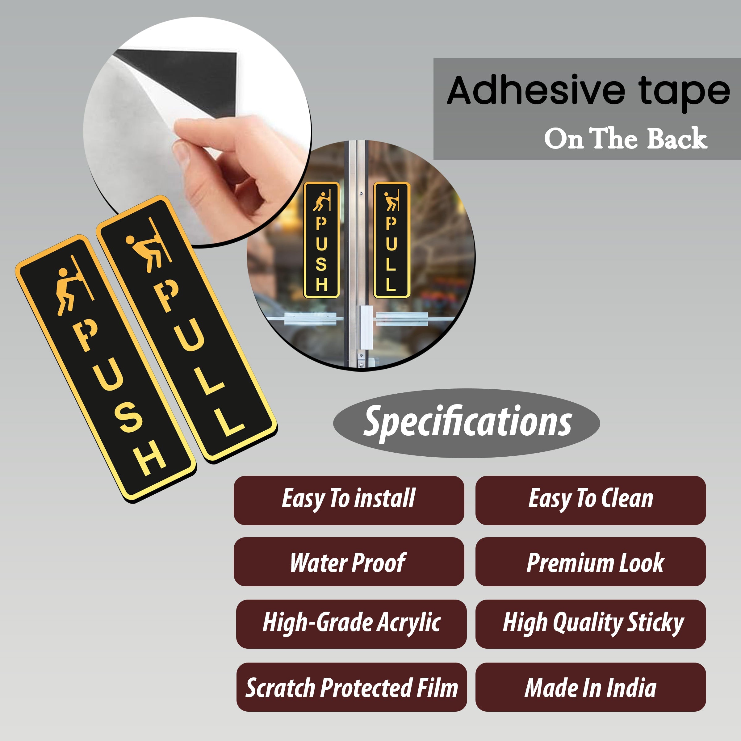 Push Pull Door Sign with symbol – Gold & Black Acrylic Sticker for Glass Doors (6.5 Inches) | Self-Adhesive Push Pull Signage for Home, Office, Storefront, Restaurants & Shops | Premium Door Label
