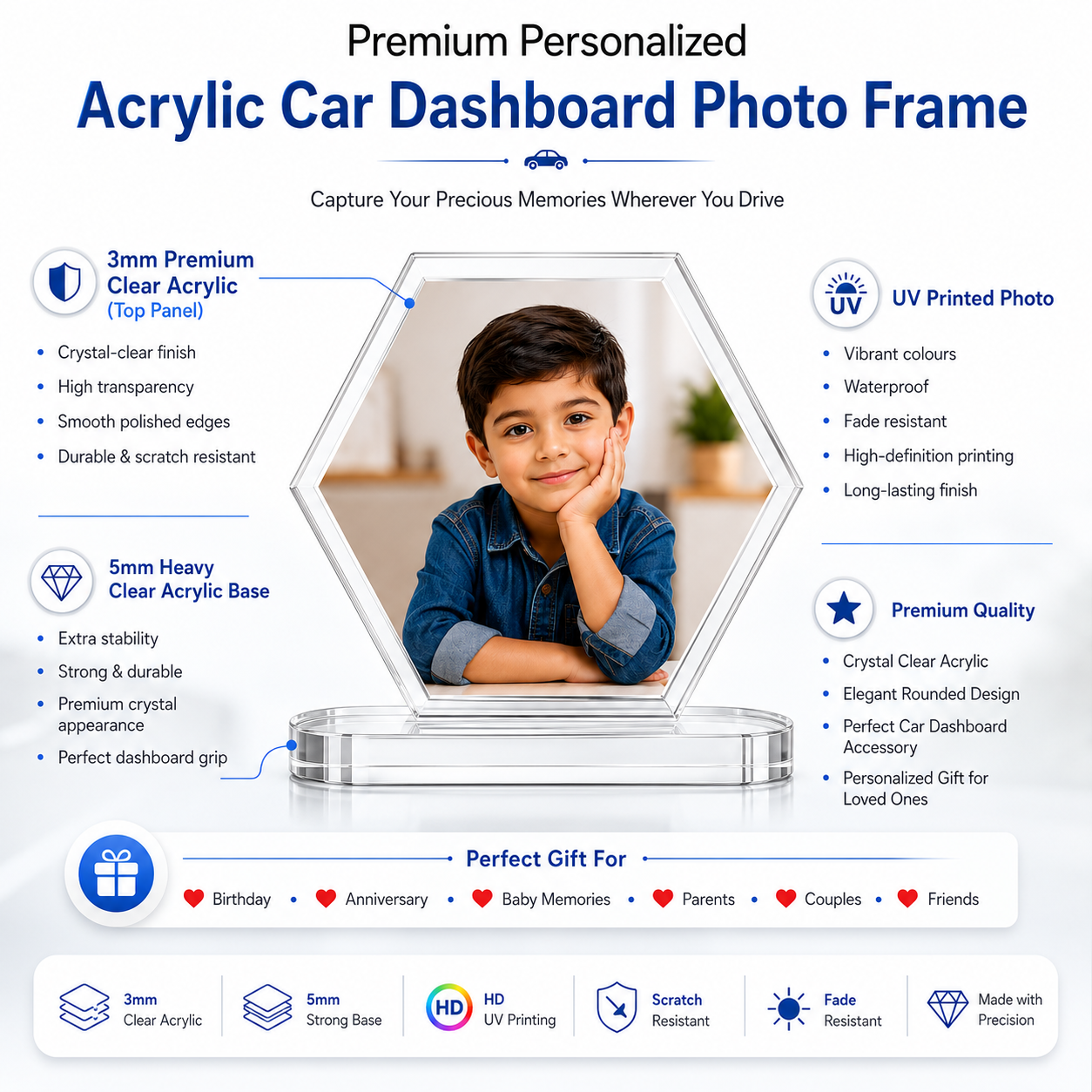 Premium Personalized Hexagon Acrylic Car Dashboard Photo Frame | Custom UV Printed Photo | Crystal Clear 3mm Acrylic with 5mm Premium Base | Personalized Gift for Family, Couples & Kids