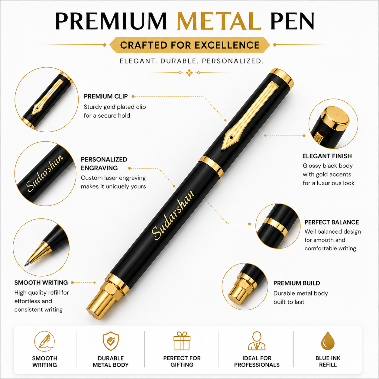 Personalized Engraved Premium Metal Ball Pen with Name | Custom Laser Engraved Gift Pen | Black & Gold Luxury Pen (Copy)