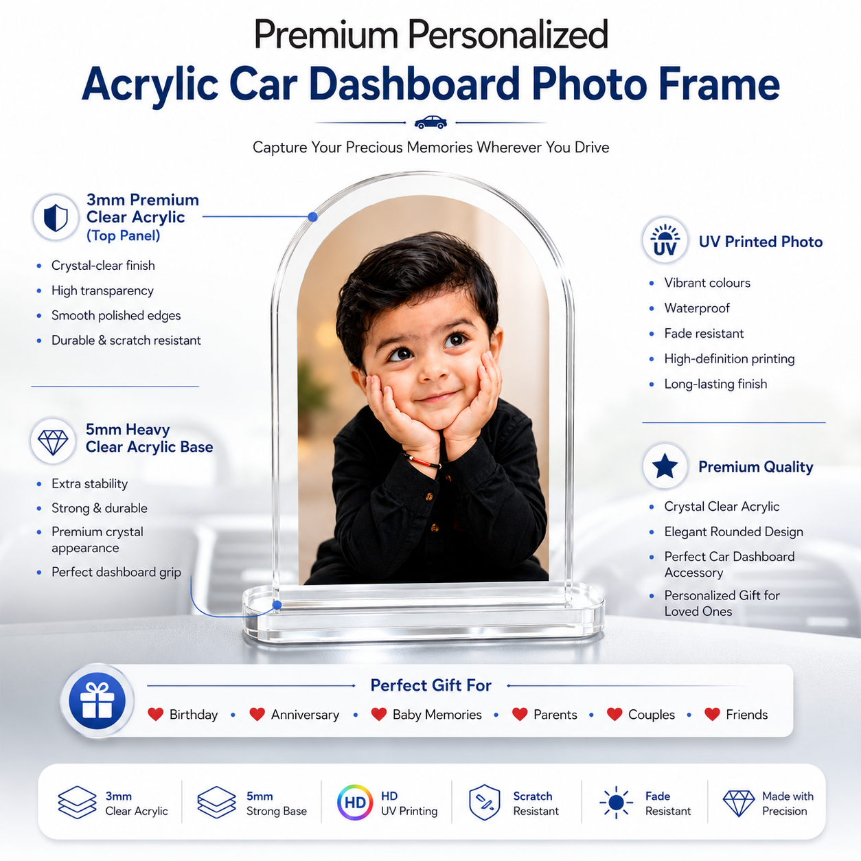Premium Personalized Acrylic Car Dashboard Photo Frame | Custom UV Printed Photo | Crystal Clear 3mm Acrylic with 5mm Premium Base | Car Dashboard Gift for Family, Couples & Kids
