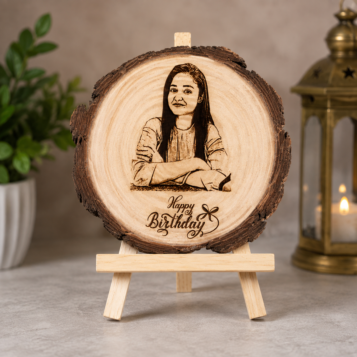 Personalized Wooden Photo Engraved Plaque with Stand | Custom Birthday Gift | Natural Wood Slice Laser Engraving