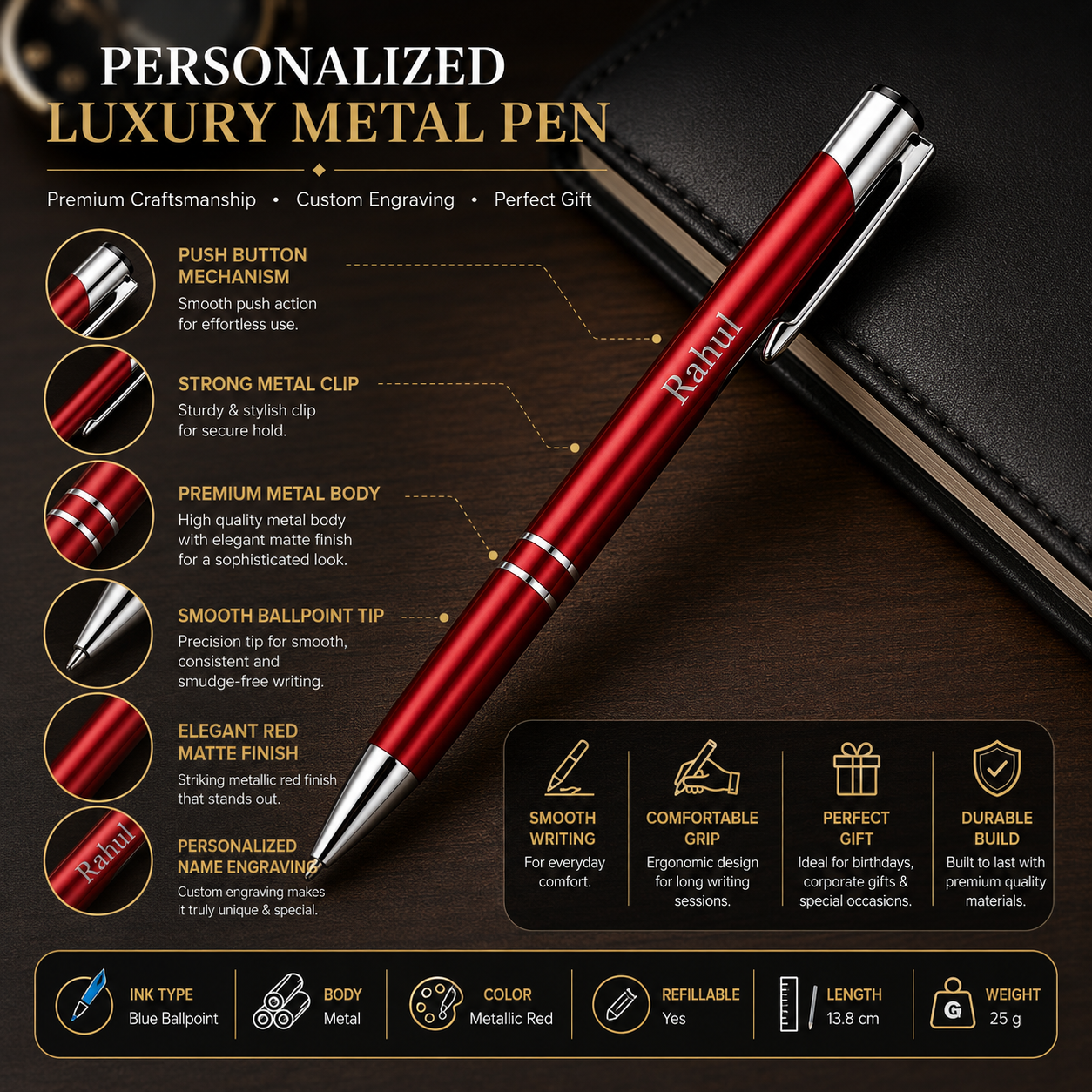 Personalized Metal Ballpoint Pen with Custom Name Engraving | Premium Executive Metal Body | Smooth Blue Ink | Corporate Gift, Office, Birthday & Anniversary Gift Pen