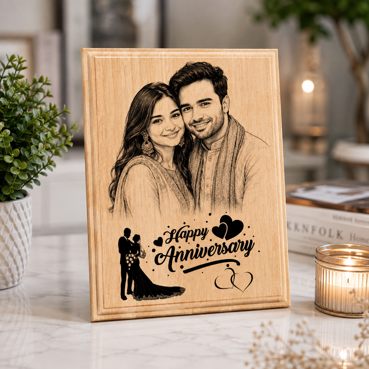 Personalized Wooden Photo Frame with Custom Sketch Engraving | Happy Anniversary Wooden Plaque | Customized Couple Photo Gift for Husband, Wife, Boyfriend & Girlfriend