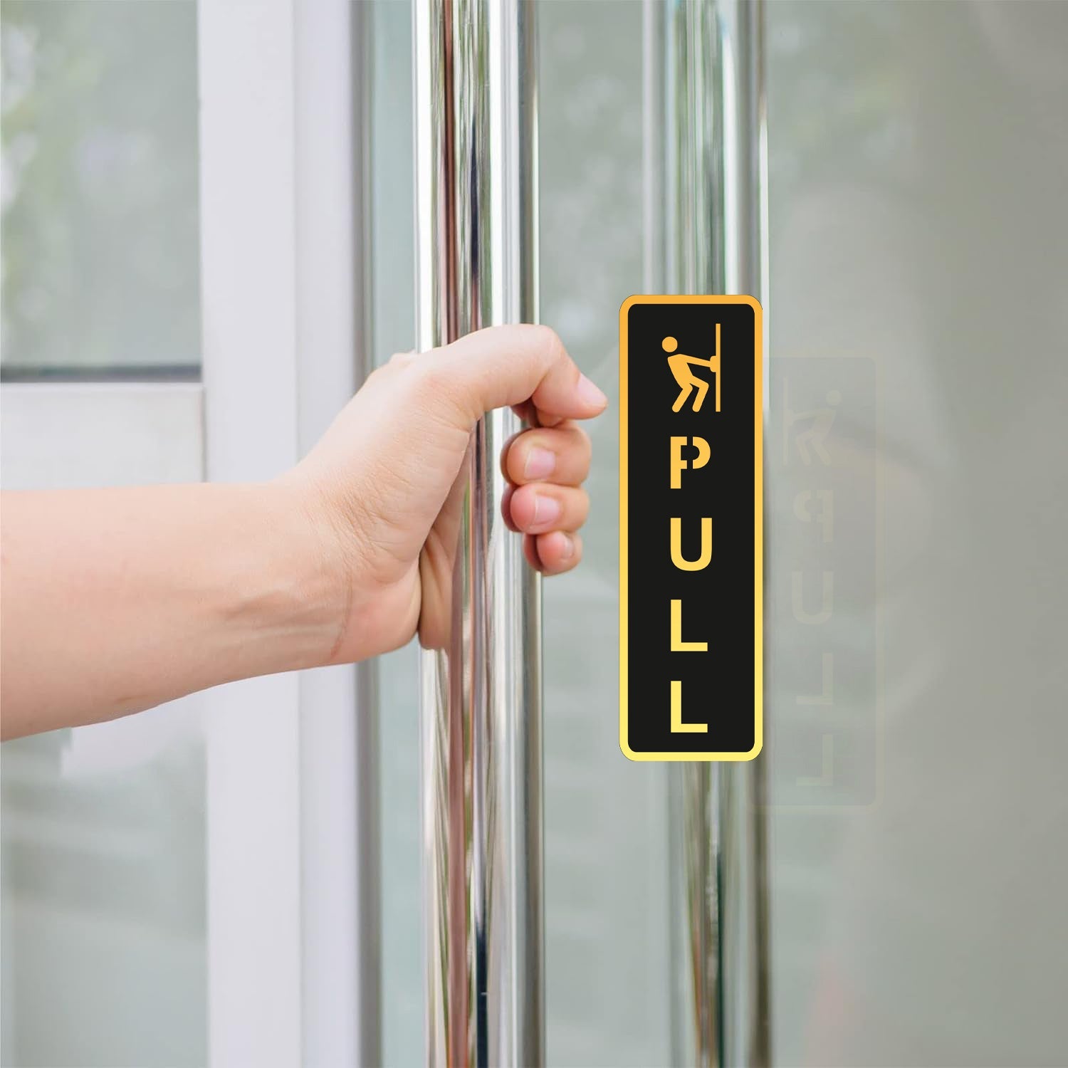 Push Pull Door Sign with symbol – Gold & Black Acrylic Sticker for Glass Doors (6.5 Inches) | Self-Adhesive Push Pull Signage for Home, Office, Storefront, Restaurants & Shops | Premium Door Label