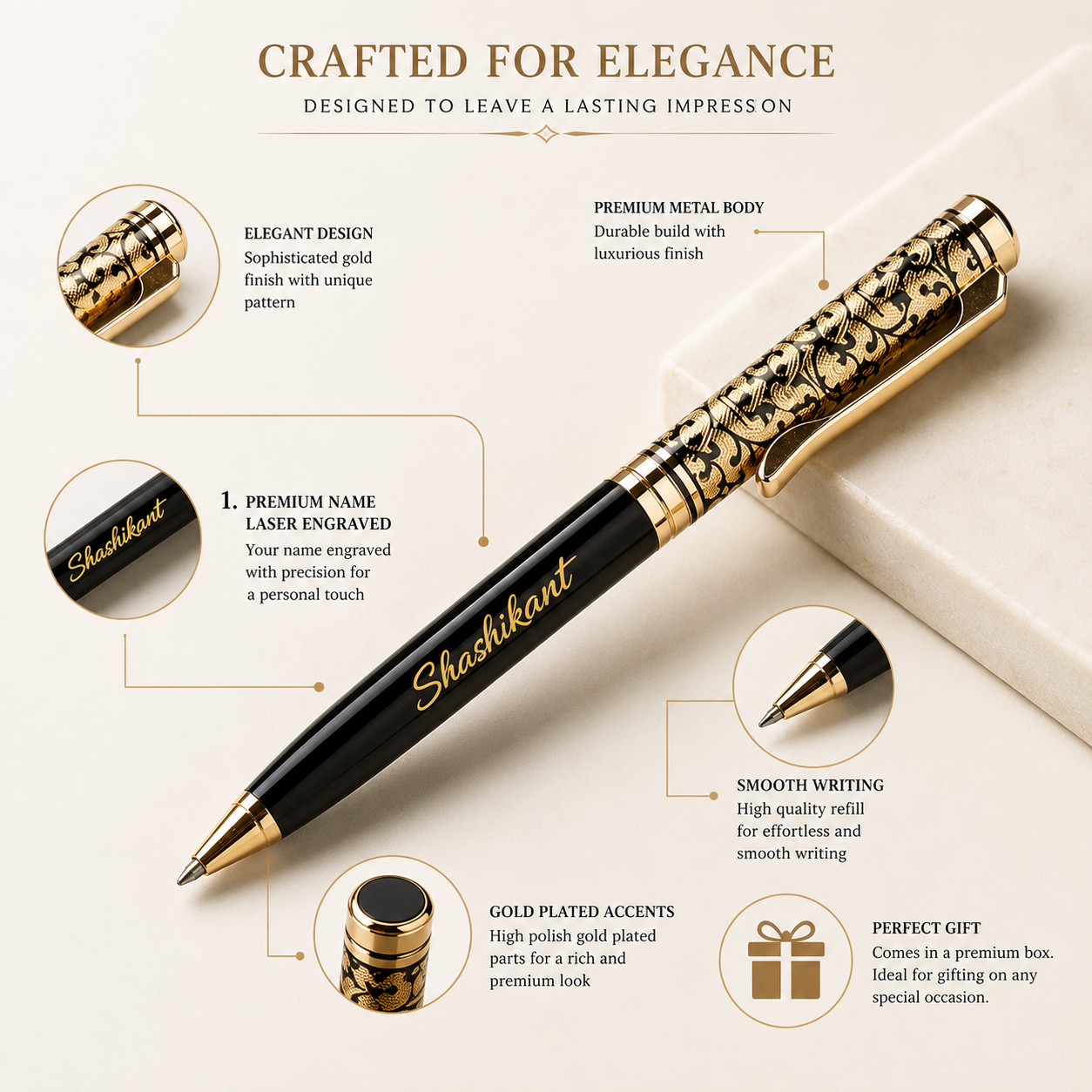 Personalized Engraved Premium Metal Ball Pen with Name | Custom Laser Engraved Gift Pen | Black & Gold Luxury Pen
