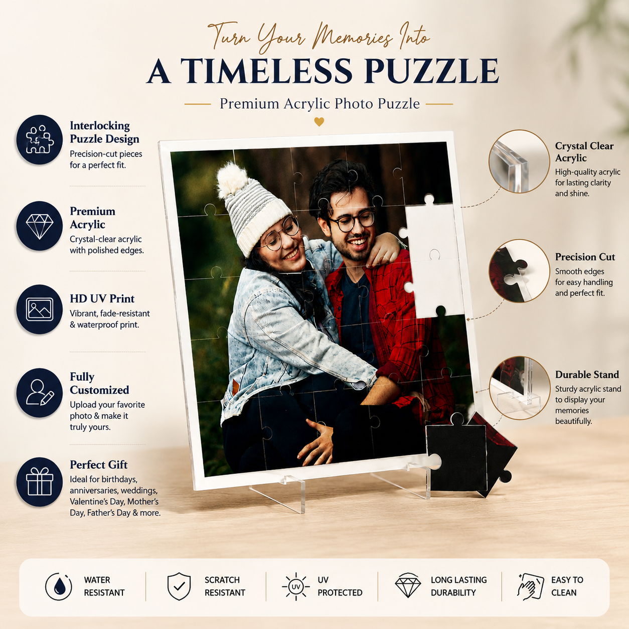 Personalized Acrylic Photo Puzzle with Stand | Custom Picture Jigsaw Display | Premium UV Printed Crystal Clear Acrylic | Anniversary, Wedding, Birthday & Valentine's Day Gift for Couples