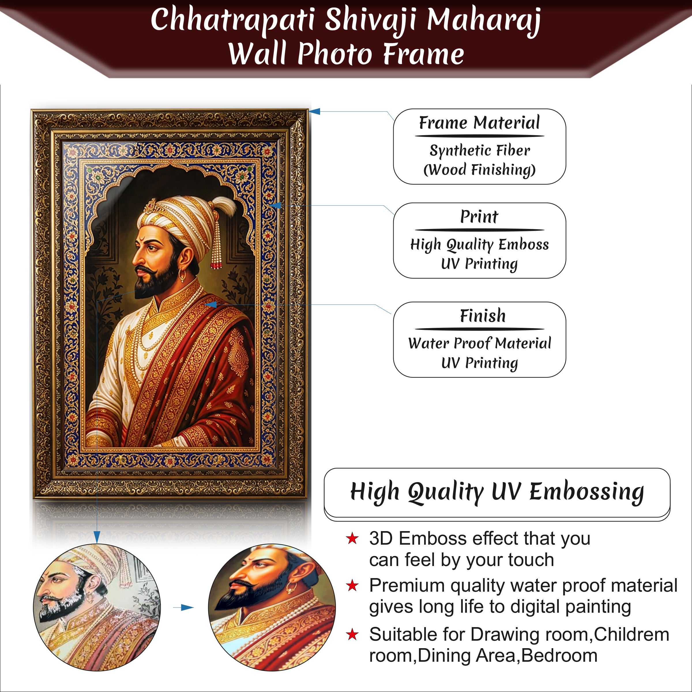 Chhatrapati Shivaji Maharaj Wall Photo Frame | 13 x 19 Inch Emboss UV Print | Premium MDF Wooden Frame | Waterproof & Ready to Hang | Home, Office & Temple Wall Decor