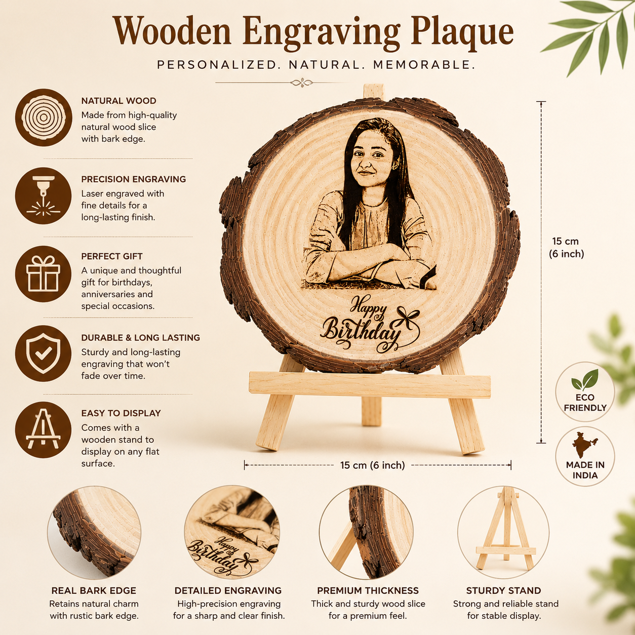 Personalized Wooden Photo Engraved Plaque with Stand | Custom Birthday Gift | Natural Wood Slice Laser Engraving