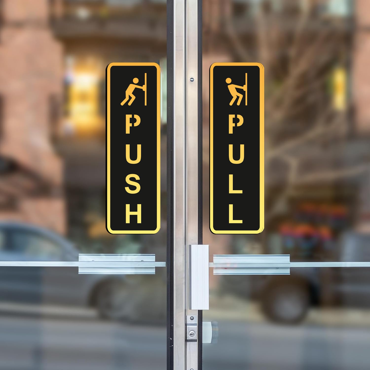 Push Pull Door Sign with symbol – Gold & Black Acrylic Sticker for Glass Doors (6.5 Inches) | Self-Adhesive Push Pull Signage for Home, Office, Storefront, Restaurants & Shops | Premium Door Label