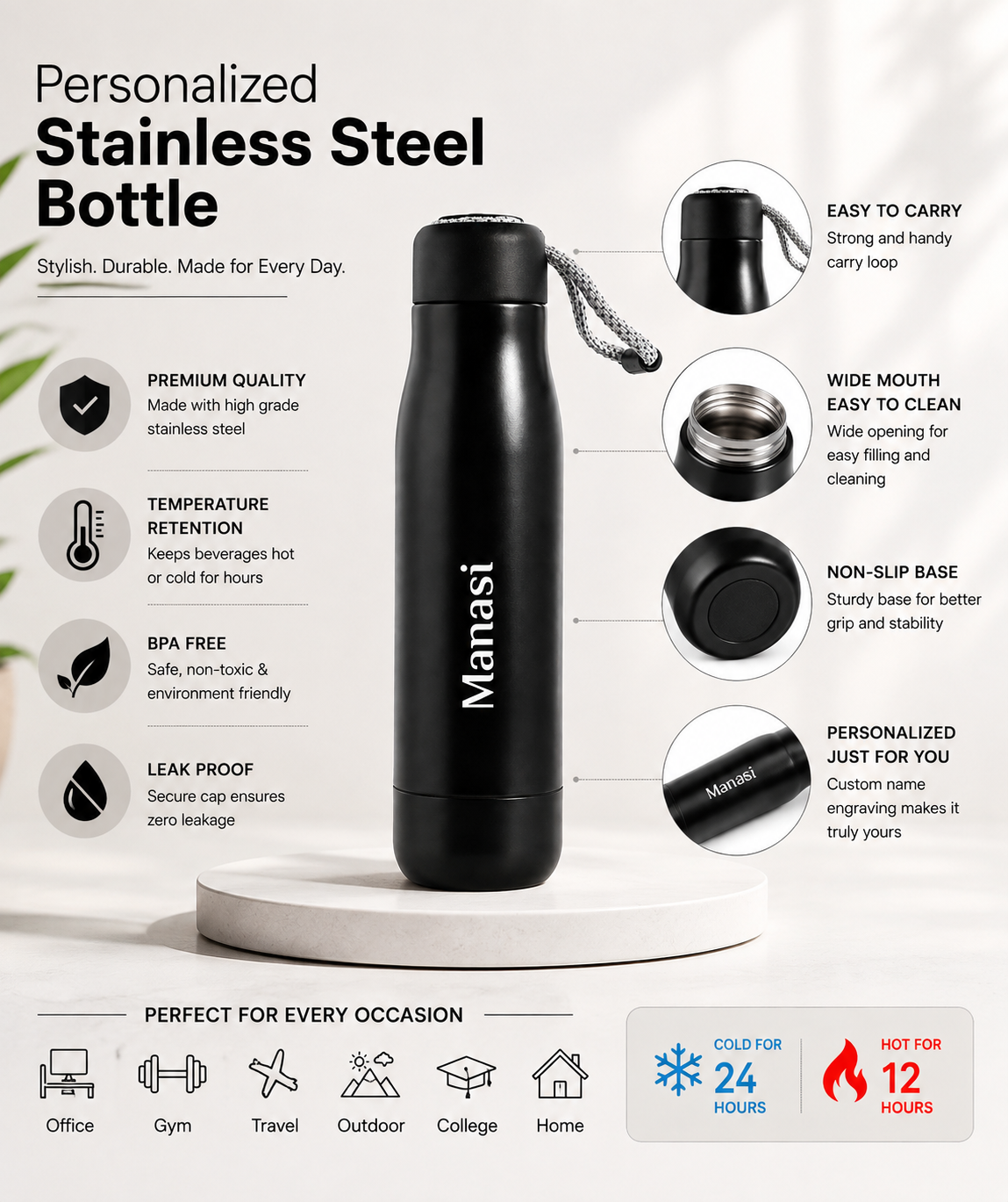 Personalized Stainless Steel Water Bottle with Custom Name Engraving | Vacuum Insulated Leakproof Flask | Reusable Hot & Cold Bottle | Black