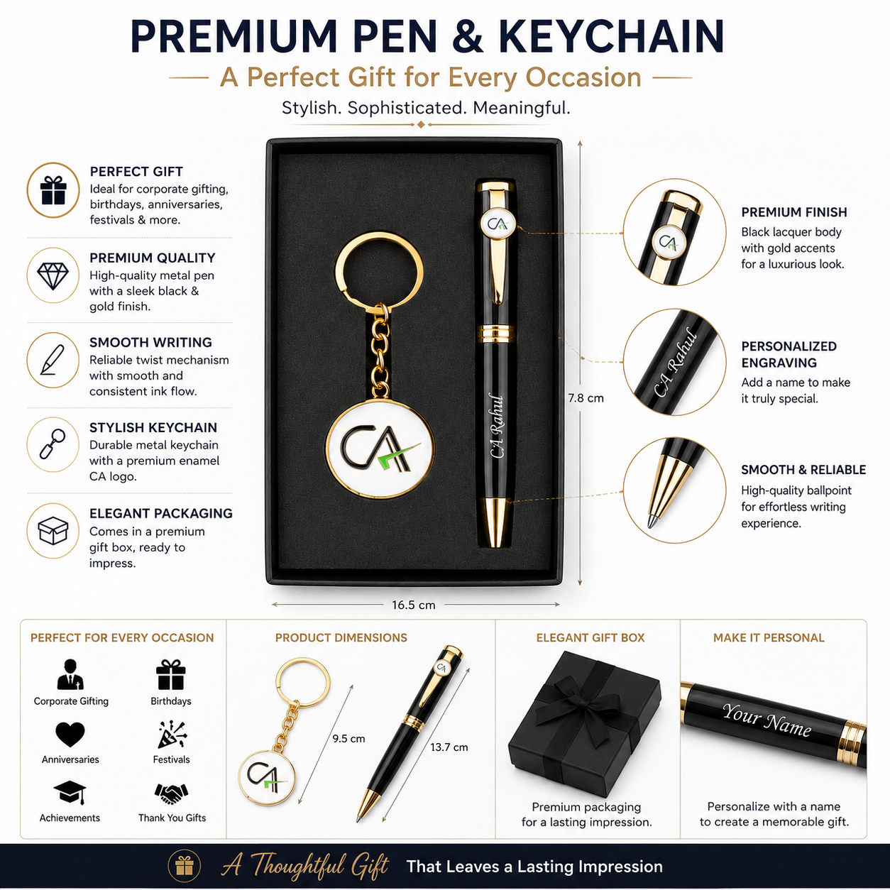 Personalized CA Pen & Chartered Accountant Logo Keychain Gift Set | Custom Name Engraved Premium Metal Pen with Gift Box | Gift for CAs, Accountants & Finance Professionals