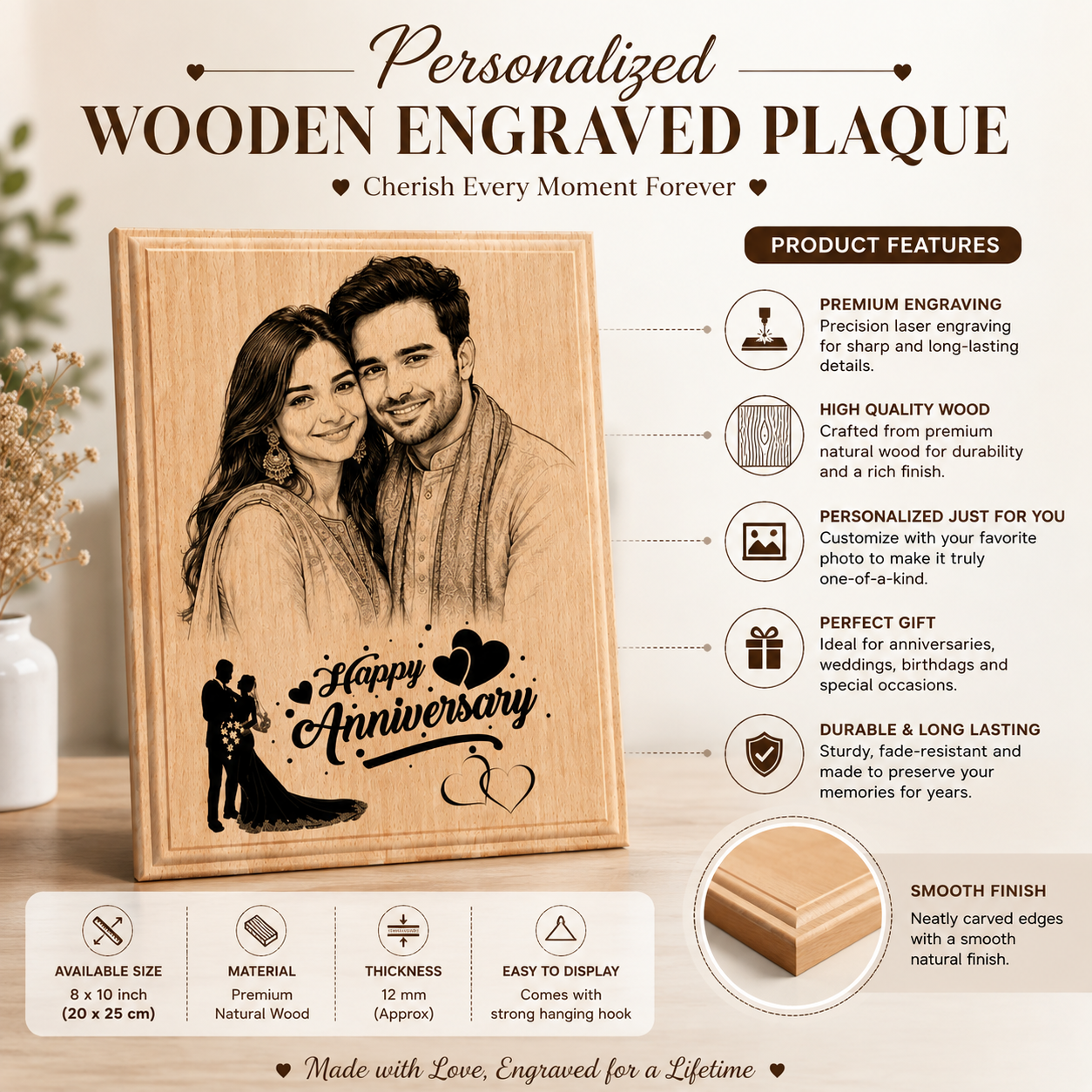 Personalized Wooden Photo Frame with Custom Sketch Engraving | Happy Anniversary Wooden Plaque | Customized Couple Photo Gift for Husband, Wife, Boyfriend & Girlfriend