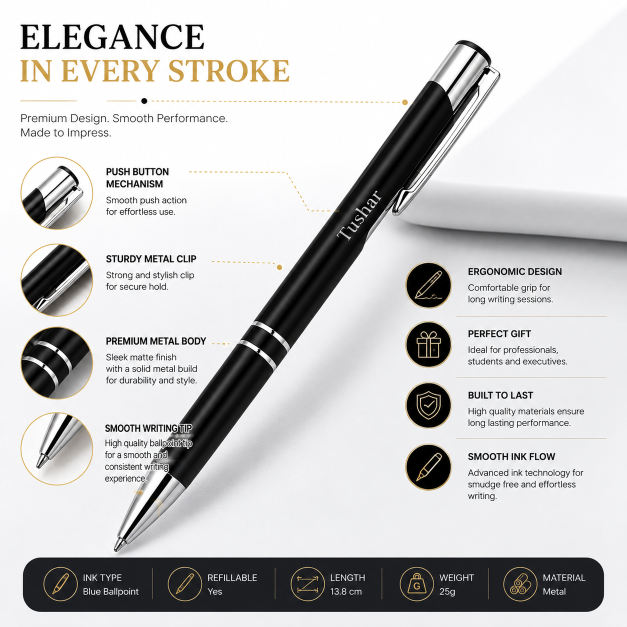Personalized Metal Ballpoint Pen with Custom Name Engraving | Premium Executive Metal Body | Smooth Blue Ink | Corporate Gift, Office, Birthday & Anniversary Gift Pen