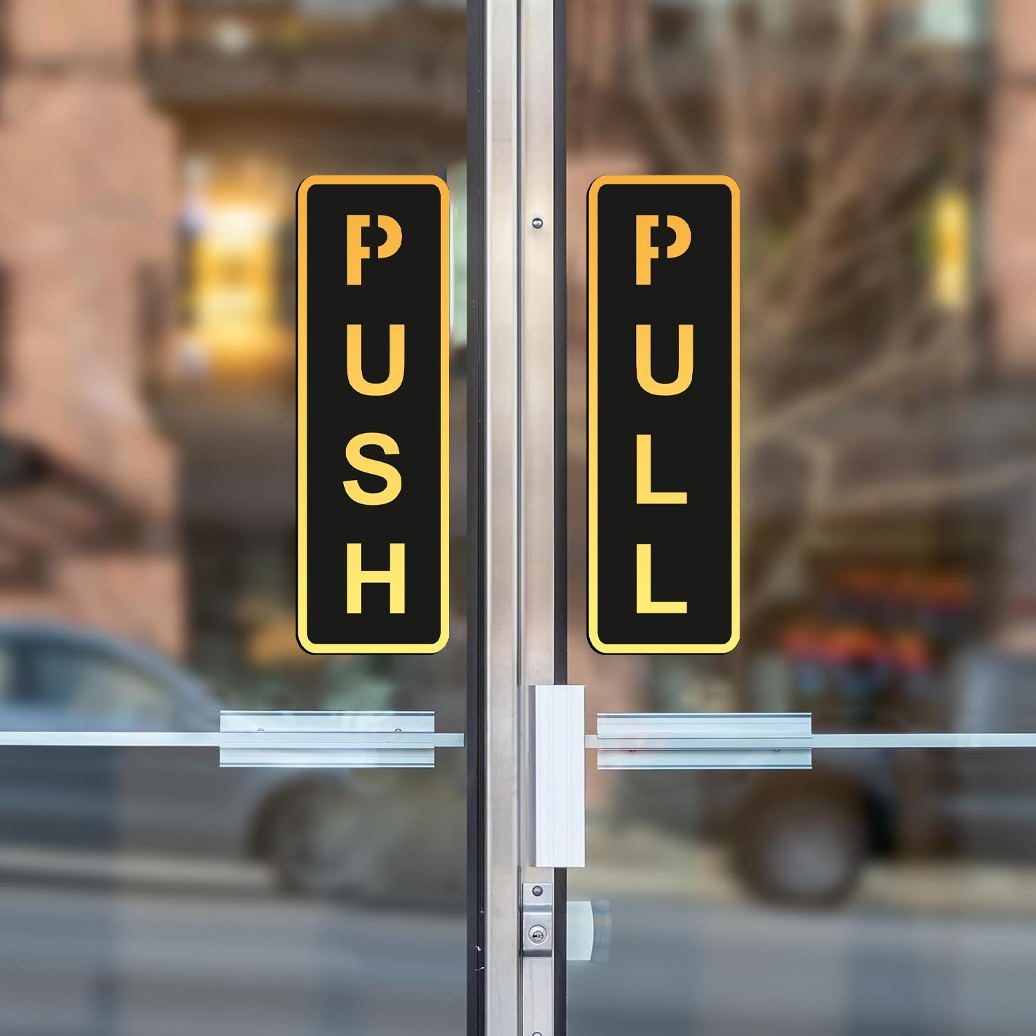 Push Pull Door Sign – Gold & Black Acrylic Sticker for Glass Doors (6.5 Inches) | Self-Adhesive Push Pull Signage for Home, Office, Storefront, Restaurants & Shops | Premium Door Label