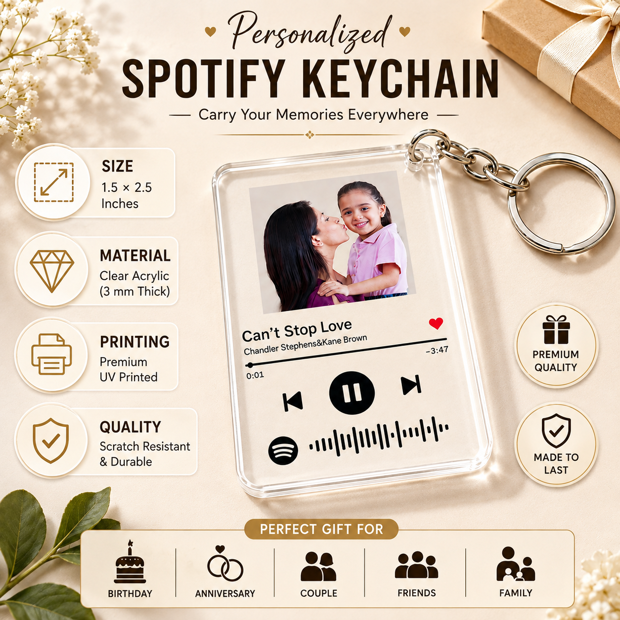 Personalized Spotify Acrylic Photo Keychain with Custom Picture & Song Code | Transparent Music Player Keyring | Gift for Girlfriend, Boyfriend, Wife, Husband, Mom, Dad, Anniversary, Birthday & Valentine's Day