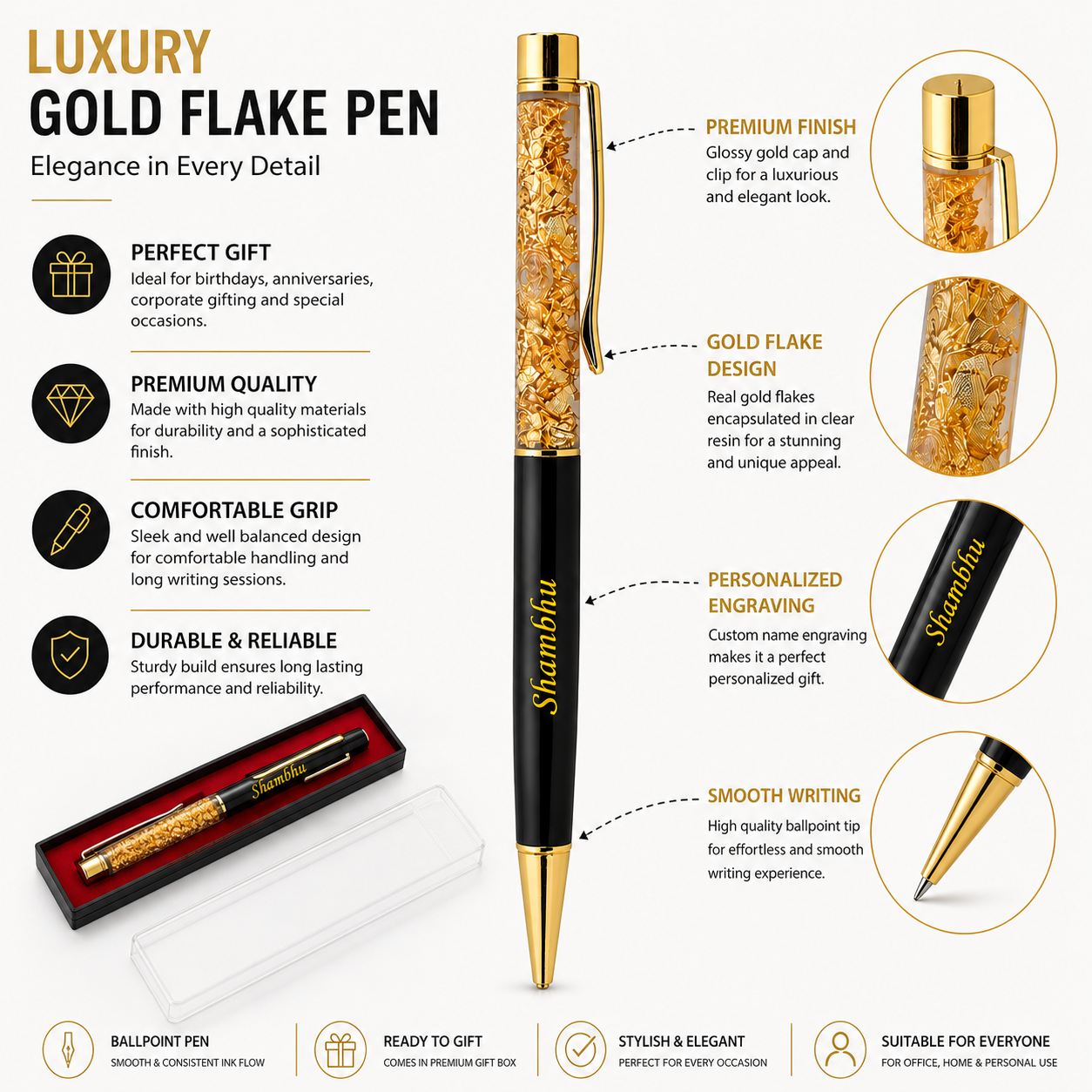Luxury Gold Flake Personalized Ball Pen | Premium Black & Gold Metal Executive Pen | Custom Name Engraved Gift for Men, Women, Corporate & Business Professionals