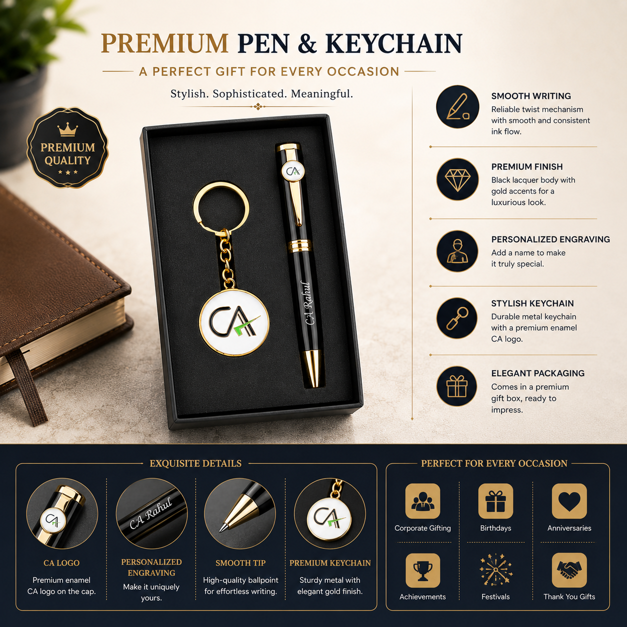 Personalized CA Pen & Chartered Accountant Logo Keychain Gift Set | Custom Name Engraved Premium Metal Pen with Gift Box | Gift for CAs, Accountants & Finance Professionals
