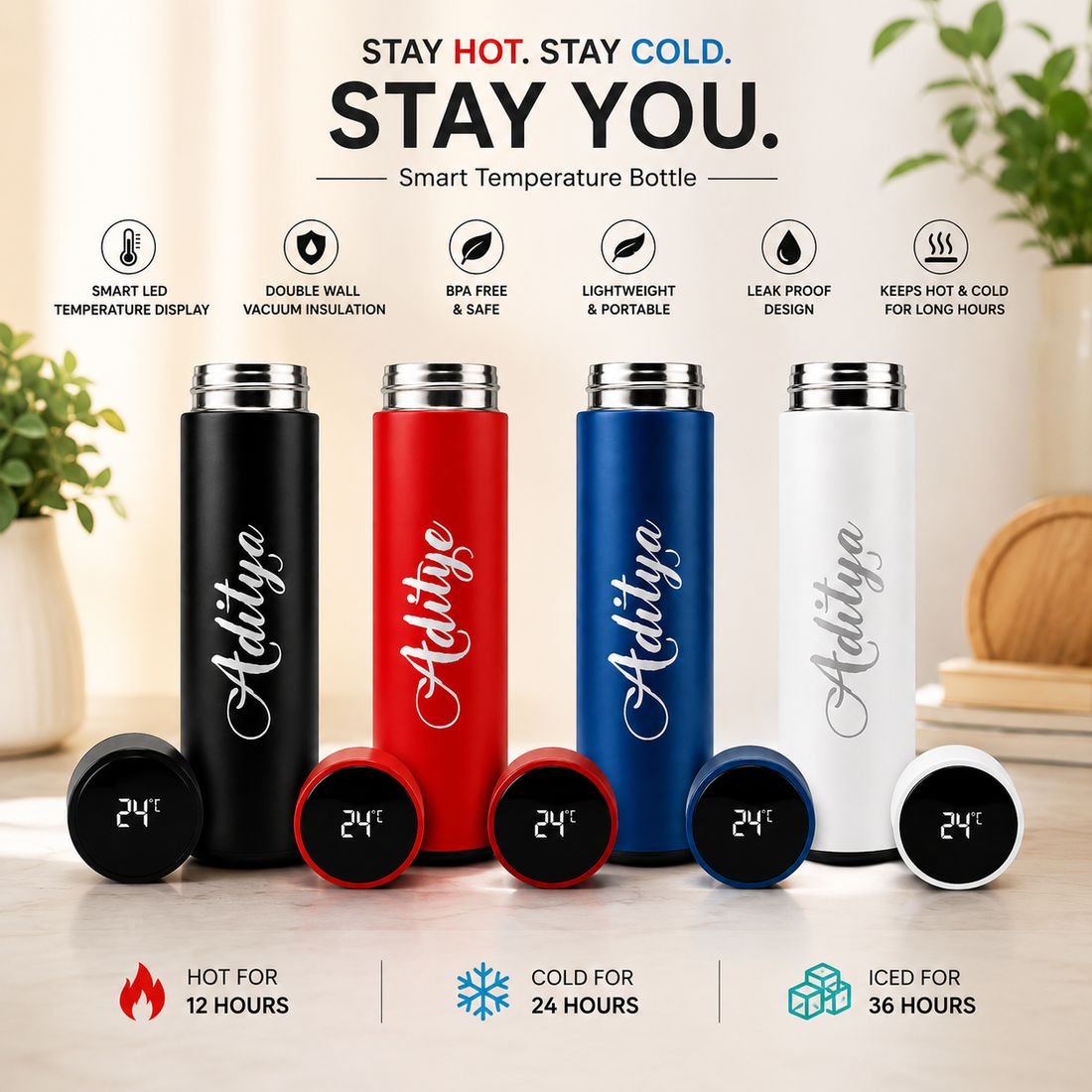 Personalized Smart Temperature Display Vacuum Insulated Stainless Steel Water Bottle – Custom Name Engraved Flask | Leakproof Thermos for Office, Gym & Travel (500ml, White)