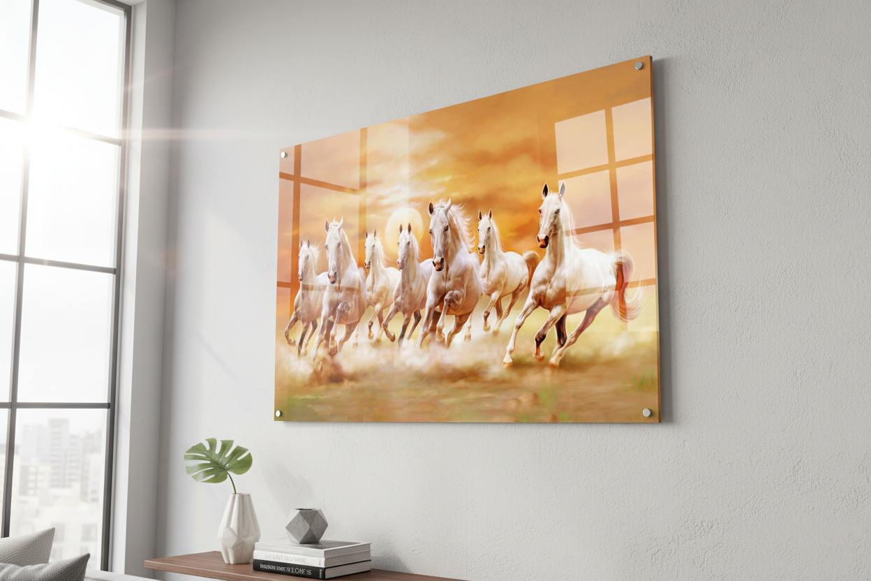 Running White Horses Acrylic Wall Painting | Vastu 7 Running Horses Wall Art | Premium UV Printed Glossy Acrylic Wall Decor for Living Room, Office & Home | Modern Feng Shui Artwork