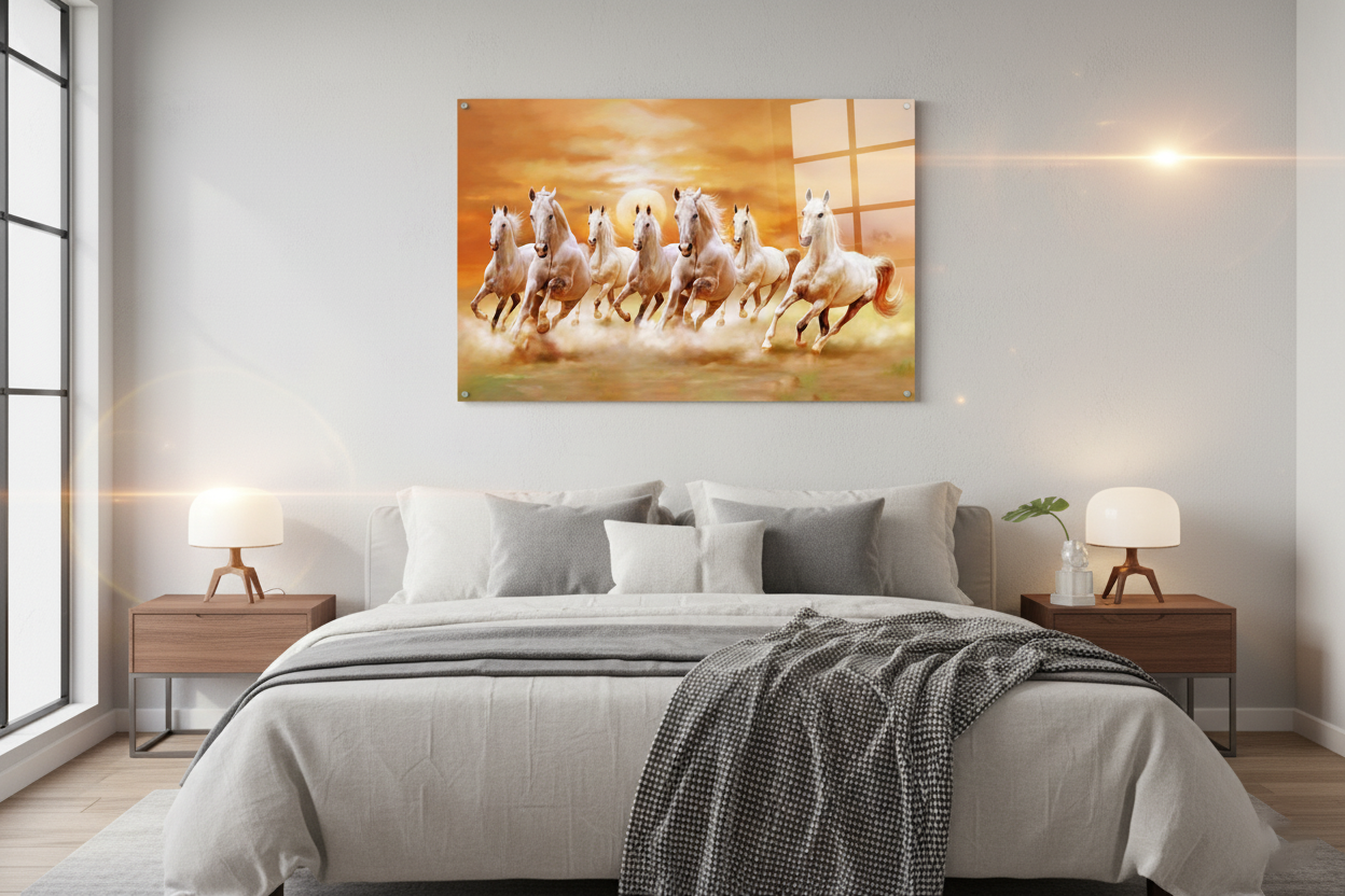 Running White Horses Acrylic Wall Painting | Vastu 7 Running Horses Wall Art | Premium UV Printed Glossy Acrylic Wall Decor for Living Room, Office & Home | Modern Feng Shui Artwork