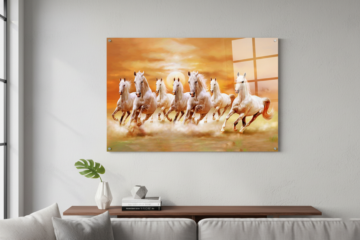 Running White Horses Acrylic Wall Painting | Vastu 7 Running Horses Wall Art | Premium UV Printed Glossy Acrylic Wall Decor for Living Room, Office & Home | Modern Feng Shui Artwork