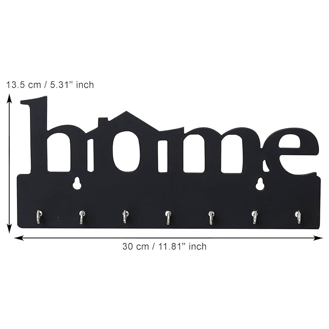 Premium Wooden Key Holder for Wall | 7 Hooks Key Stand Organizer | Decorative Home Decor Item for Entryway, Living Room & Office (29 x 13.5 cm, Black) (Black)