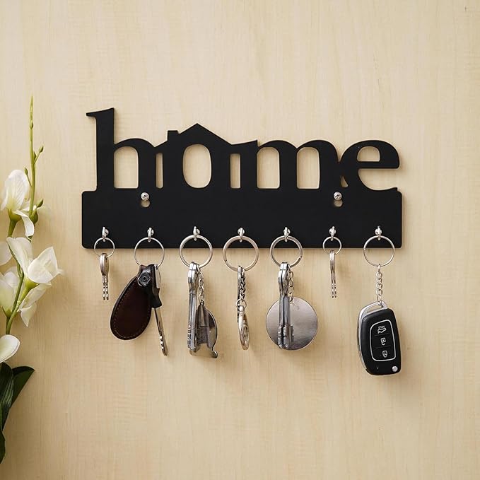 Premium Wooden Key Holder for Wall | 7 Hooks Key Stand Organizer | Decorative Home Decor Item for Entryway, Living Room & Office (29 x 13.5 cm, Black) (Black)