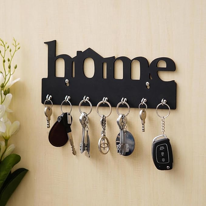 Premium Wooden Key Holder for Wall | 7 Hooks Key Stand Organizer | Decorative Home Decor Item for Entryway, Living Room & Office (29 x 13.5 cm, Black) (Black)