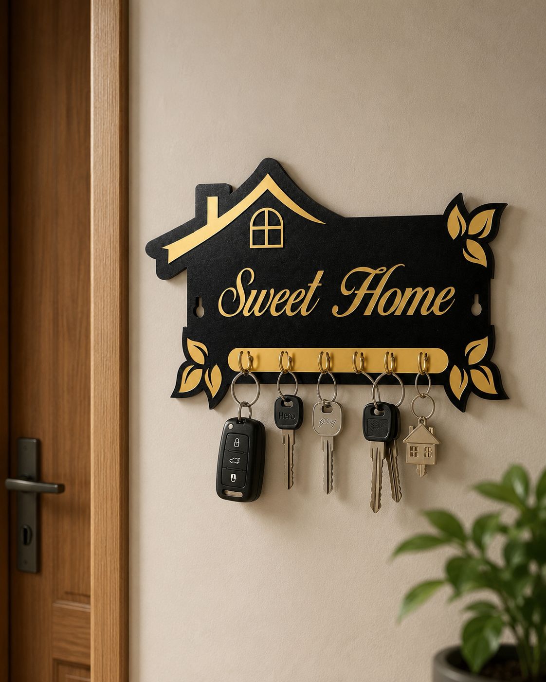 Sweet Home Wooden Key Holder for Wall | 7 Hooks Decorative Key Stand | Modern House-Shaped Wall Mounted Key Hanger for Home Entrance, Living Room & Office | Black & Gold