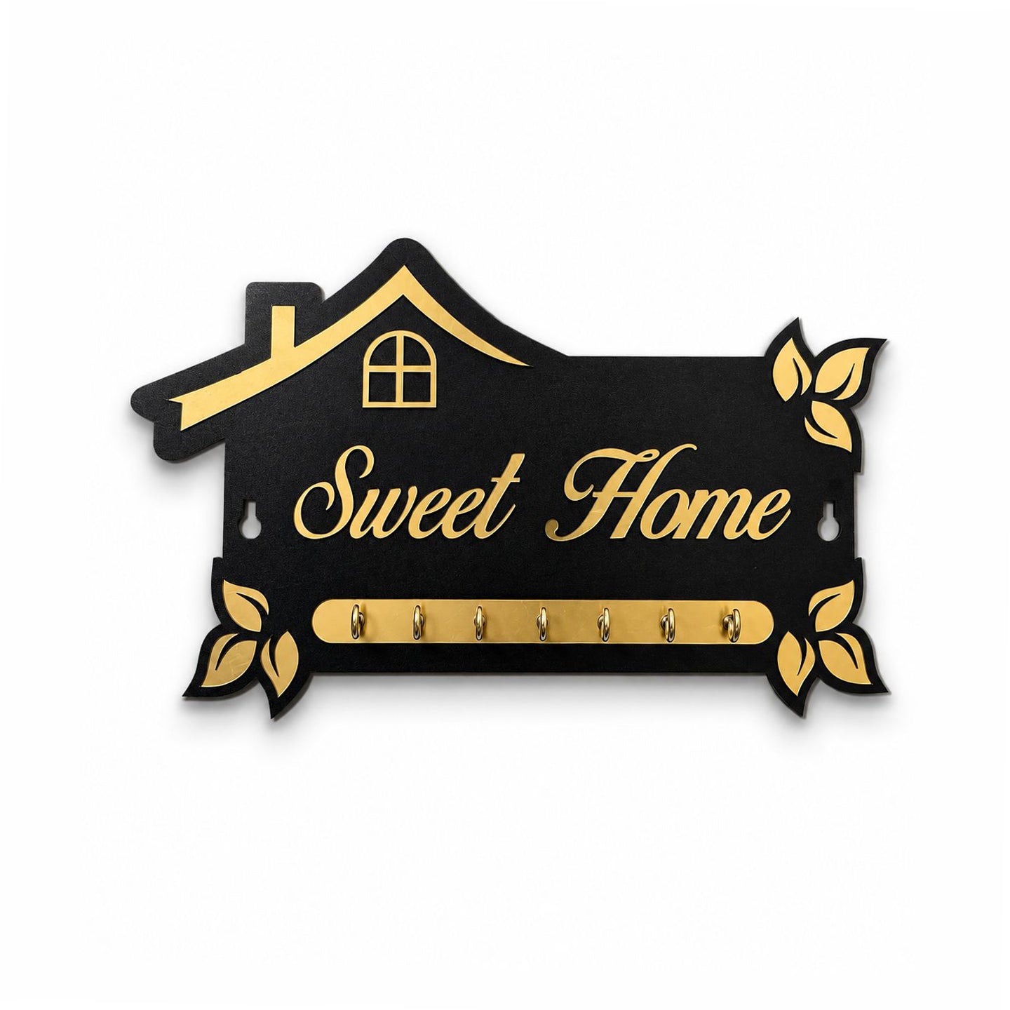 Sweet Home Wooden Key Holder for Wall | 7 Hooks Decorative Key Stand | Modern House-Shaped Wall Mounted Key Hanger for Home Entrance, Living Room & Office | Black & Gold