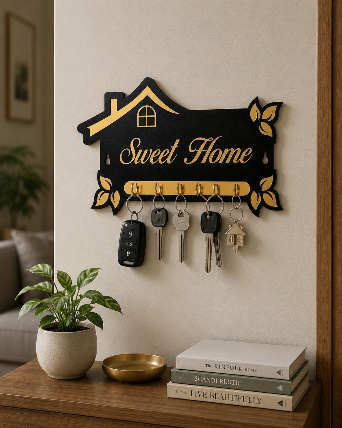 Sweet Home Wooden Key Holder for Wall | 7 Hooks Decorative Key Stand | Modern House-Shaped Wall Mounted Key Hanger for Home Entrance, Living Room & Office | Black & Gold