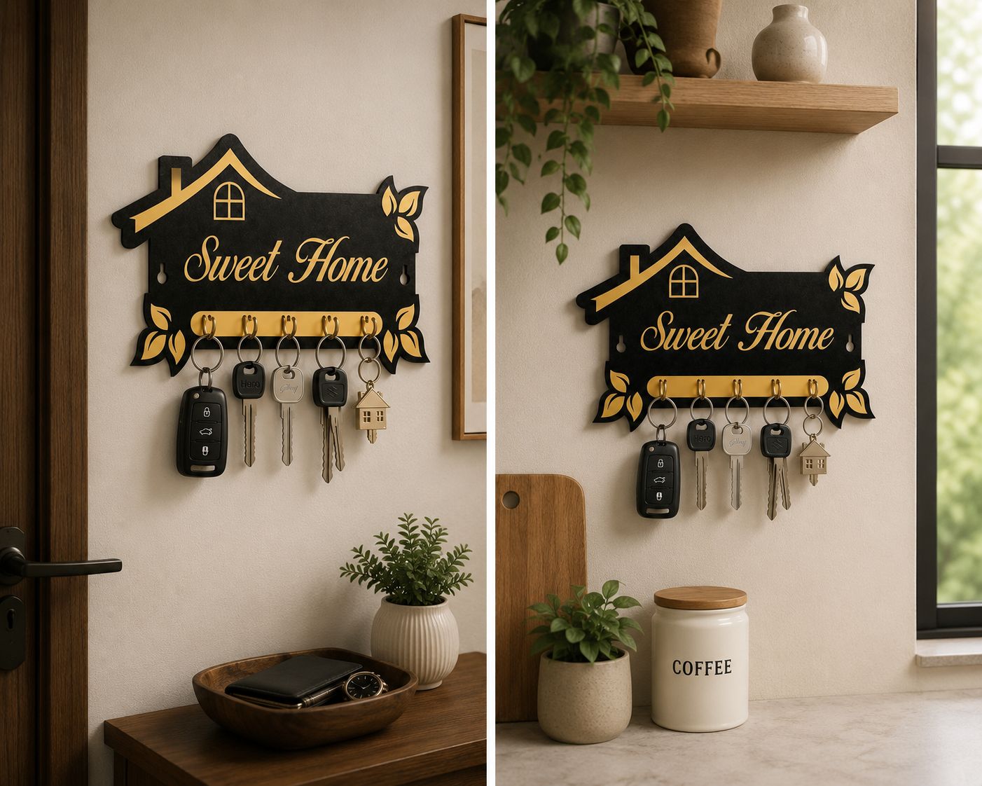 Sweet Home Wooden Key Holder for Wall | 7 Hooks Decorative Key Stand | Modern House-Shaped Wall Mounted Key Hanger for Home Entrance, Living Room & Office | Black & Gold
