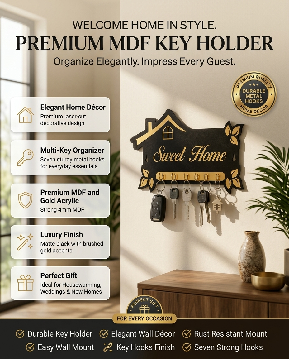 Sweet Home Wooden Key Holder for Wall | 7 Hooks Decorative Key Stand | Modern House-Shaped Wall Mounted Key Hanger for Home Entrance, Living Room & Office | Black & Gold